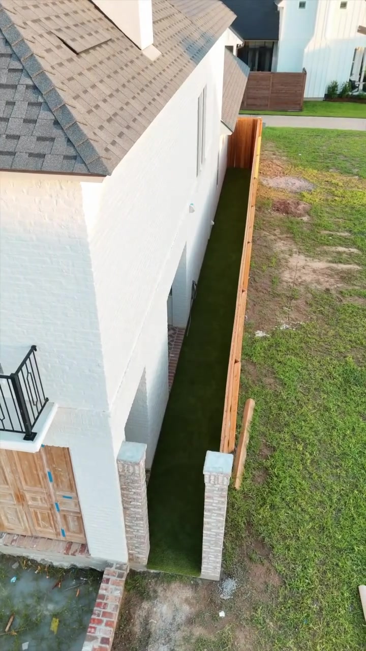 Artificial turf installed in a narrow side yard between a home and a wood fence.