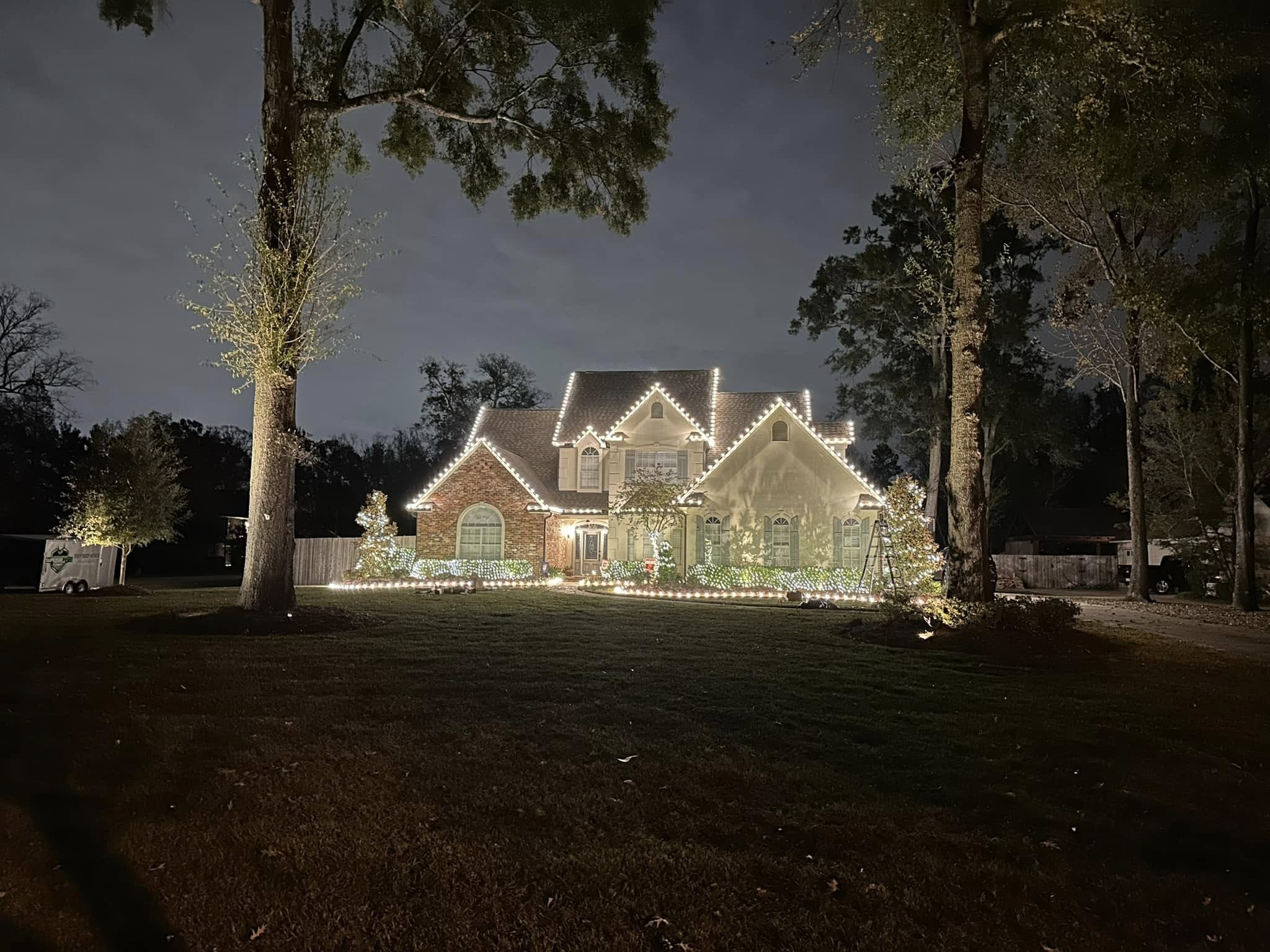 Warm white Christmas lights outline a home's roof, shrubs, and trees.